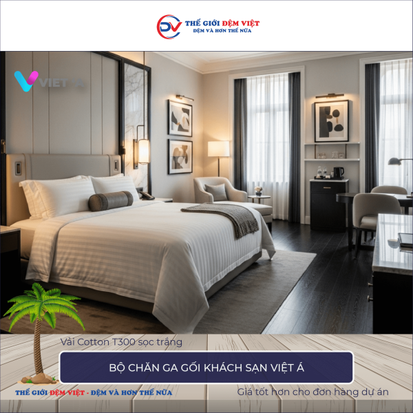 Bộ chăn ga gối khách sạn Việt Á vải Cotton T300 sọc trắng 6